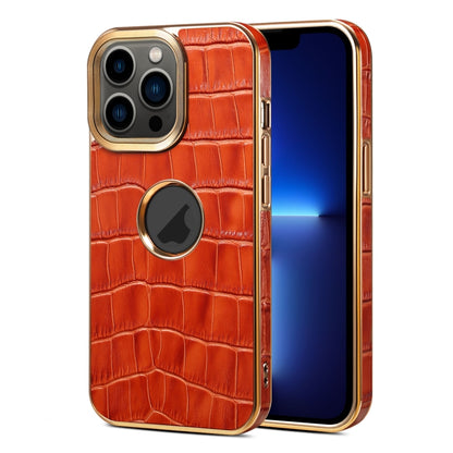 For iPhone 13 Pro Denior Crocodile Texture Genuine Leather Electroplating Phone Case(Mocha Brown) - iPhone 13 Pro Cases by Denior | Online Shopping UK | buy2fix