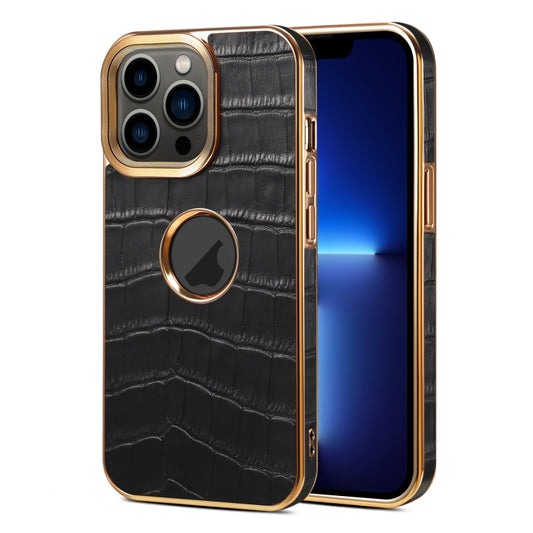 For iPhone 13 Pro Denior Crocodile Texture Genuine Leather Electroplating Phone Case(Black) - iPhone 13 Pro Cases by Denior | Online Shopping UK | buy2fix
