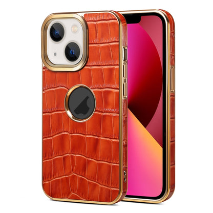 For iPhone 13 Denior Crocodile Texture Genuine Leather Electroplating Phone Case(Mocha Brown) - iPhone 13 Cases by Denior | Online Shopping UK | buy2fix