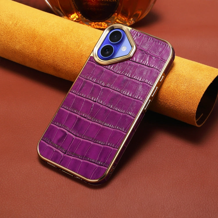 For iPhone 16 Plus Denior Crocodile Texture Genuine Leather Electroplating Phone Case(Purple) by Denior