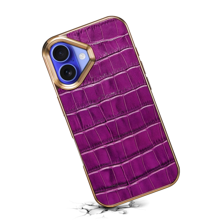 For iPhone 16 Plus Denior Crocodile Texture Genuine Leather Electroplating Phone Case(Purple) by Denior
