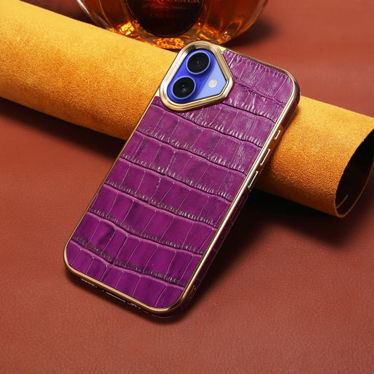 For iPhone 16 Denior Crocodile Texture Genuine Leather Electroplating Phone Case(Purple) by Denior