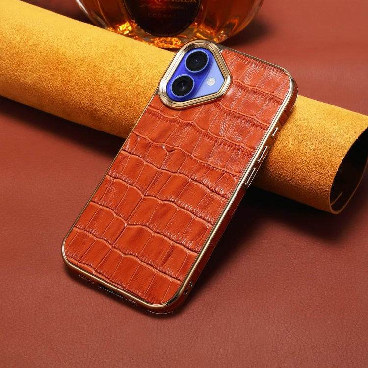For iPhone 16 Denior Crocodile Texture Genuine Leather Electroplating Phone Case(Mocha Brown) by Denior