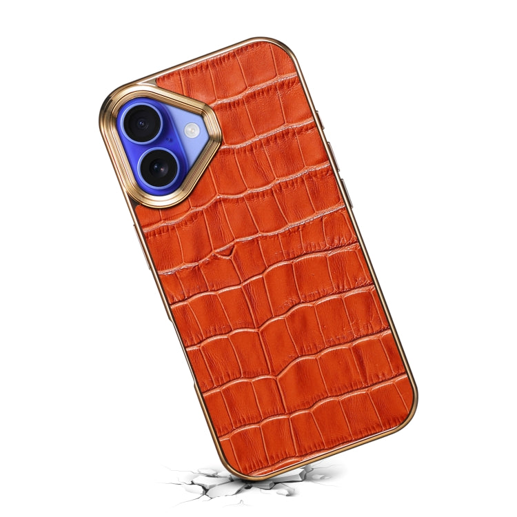 For iPhone 16 Denior Crocodile Texture Genuine Leather Electroplating Phone Case(Mocha Brown) by Denior