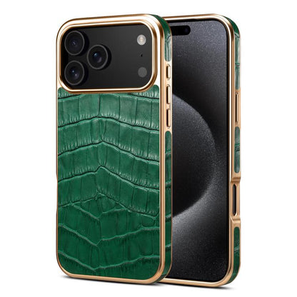 For iPhone 17 Pro Denior Crocodile Texture Genuine Leather Electroplating Phone Case(Green) - iPhone 17 Pro Cases by Denior | Online Shopping UK | buy2fix