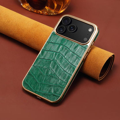 For iPhone 17 Pro Denior Crocodile Texture Genuine Leather Electroplating Phone Case(Green) - iPhone 17 Pro Cases by Denior | Online Shopping UK | buy2fix