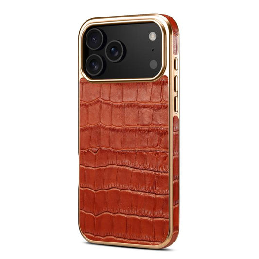 For iPhone 17 Pro Denior Crocodile Texture Genuine Leather Electroplating Phone Case(Mocha Brown) - iPhone 17 Pro Cases by Denior | Online Shopping UK | buy2fix