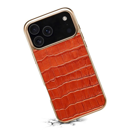 For iPhone 17 Pro Denior Crocodile Texture Genuine Leather Electroplating Phone Case(Mocha Brown) - iPhone 17 Pro Cases by Denior | Online Shopping UK | buy2fix