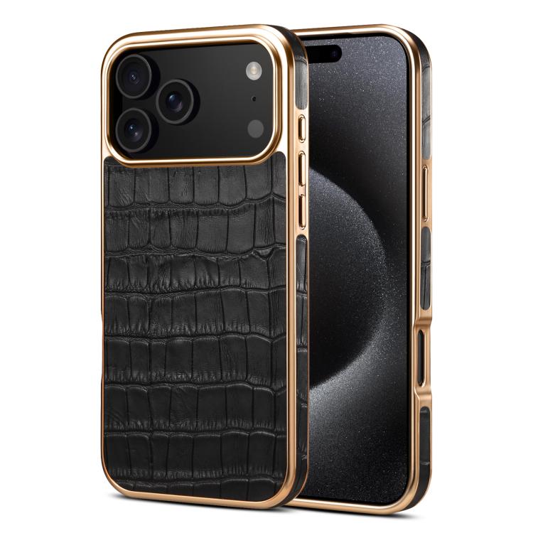 For iPhone 17 Pro Denior Crocodile Texture Genuine Leather Electroplating Phone Case(Black) - iPhone 17 Pro Cases by Denior | Online Shopping UK | buy2fix