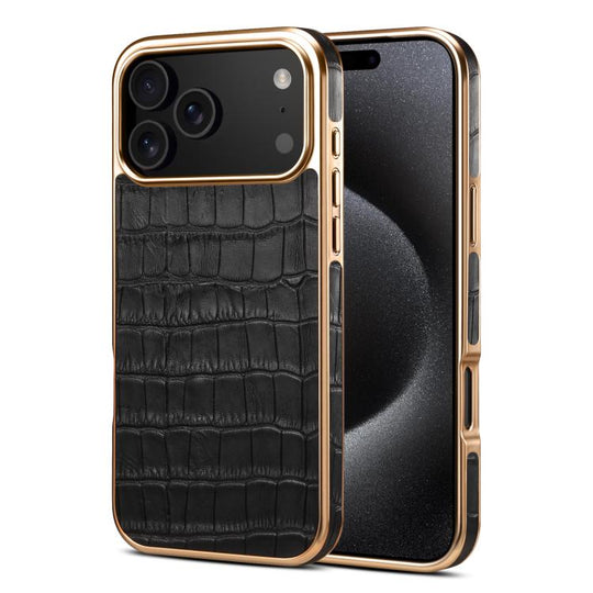 For iPhone 18 Pro / 17 Pro Denior Crocodile Texture Genuine Leather Electroplating Phone Case(Black)
