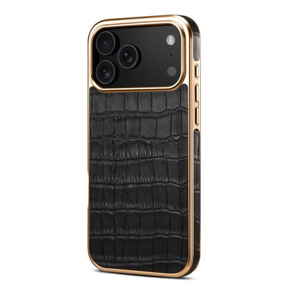 For iPhone 17 Pro Denior Crocodile Texture Genuine Leather Electroplating Phone Case(Black) - iPhone 17 Pro Cases by Denior | Online Shopping UK | buy2fix