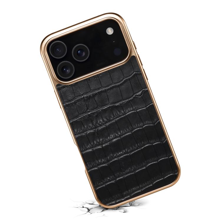 For iPhone 17 Pro Denior Crocodile Texture Genuine Leather Electroplating Phone Case(Black) - iPhone 17 Pro Cases by Denior | Online Shopping UK | buy2fix