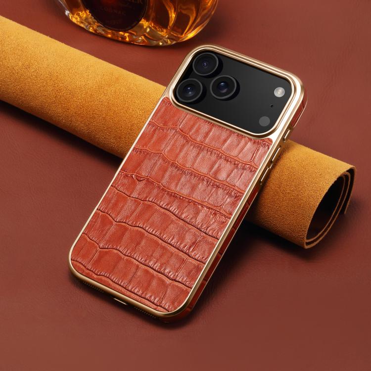 For iPhone 17 Pro Max Denior Crocodile Texture Genuine Leather Electroplating Phone Case(Mocha Brown) - iPhone 17 Pro Max Cases by Denior | Online Shopping UK | buy2fix