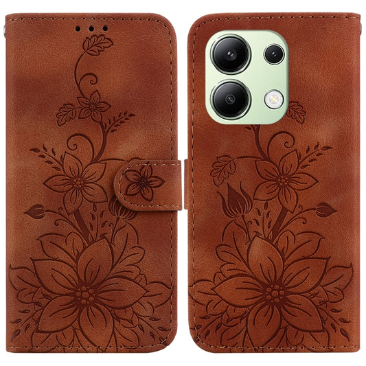 For Xiaomi Redmi Note 13 4G Global Lily Embossed Leather Phone Case(Brown) - Xiaomi Cases by buy2fix | Online Shopping UK | buy2fix