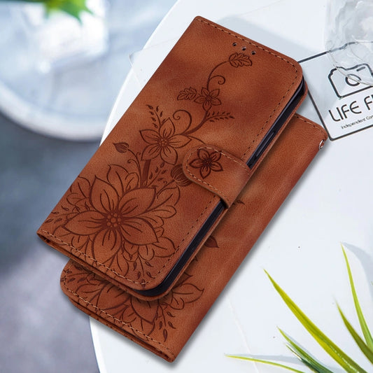 For Xiaomi Redmi Note 13 4G Global Lily Embossed Leather Phone Case(Brown) - Xiaomi Cases by buy2fix | Online Shopping UK | buy2fix