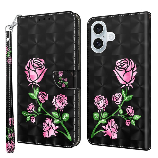 For iPhone 16 Plus 3D Painted Leather Phone Case(Rose)