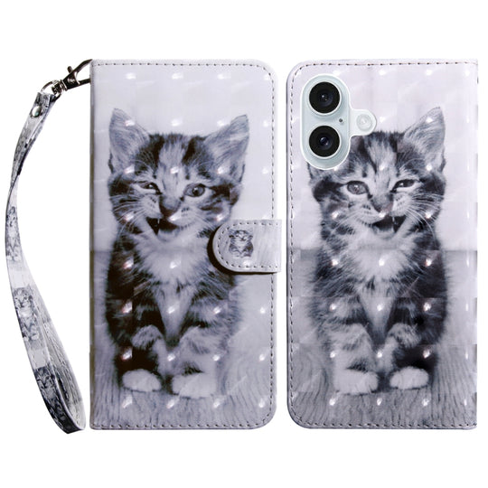 For iPhone 16 Plus 3D Painted Leather Phone Case(Smile Cat)