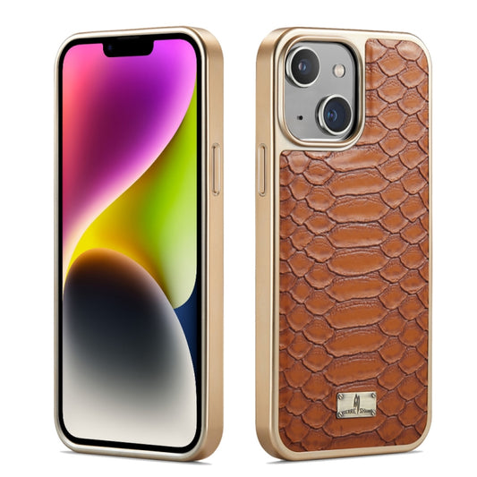 For iPhone 14 Fierre Shann Python Texture Electroplating PU Phone Case(Brown) - iPhone 14 Cases by FIERRE SHANN | Online Shopping UK | buy2fix