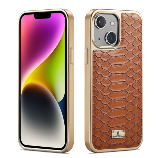 For iPhone 14 Plus Fierre Shann Python Texture Electroplating PU Phone Case(Brown)