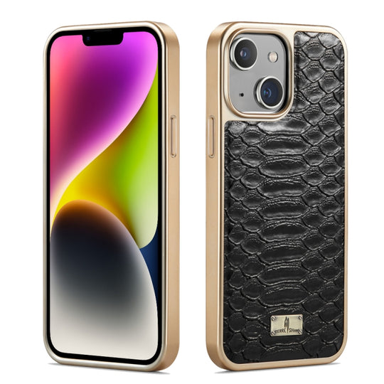 For iPhone 15 Fierre Shann Python Texture Electroplating PU Phone Case(Black)