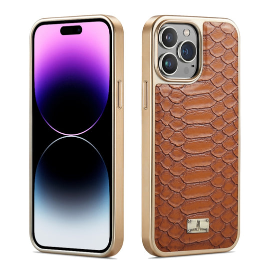 For iPhone 15 Pro Fierre Shann Python Texture Electroplating PU Phone Case(Brown) - iPhone 15 Pro Cases by FIERRE SHANN | Online Shopping UK | buy2fix