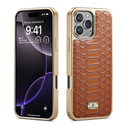 For iPhone 16 Pro Max Fierre Shann Python Texture Electroplating PU Phone Case(Brown) by FIERRE SHANN