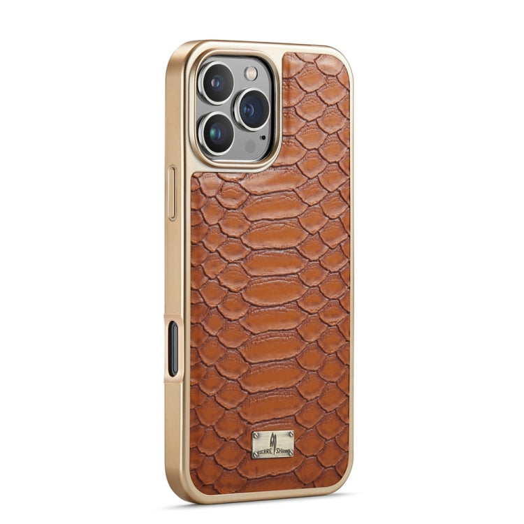 For iPhone 16 Pro Fierre Shann Python Texture Electroplating PU Phone Case(Brown) by FIERRE SHANN