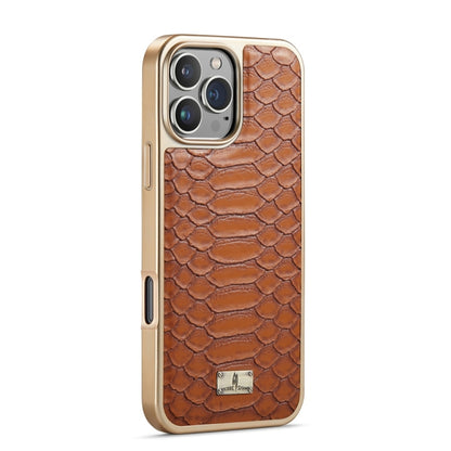 For iPhone 16 Pro Fierre Shann Python Texture Electroplating PU Phone Case(Brown) by FIERRE SHANN