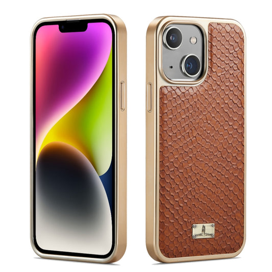 For iPhone 14 Plus Fierre Shann Snake Texture Electroplating PU Phone Case(Brown) - iPhone 14 Plus Cases by FIERRE SHANN | Online Shopping UK | buy2fix