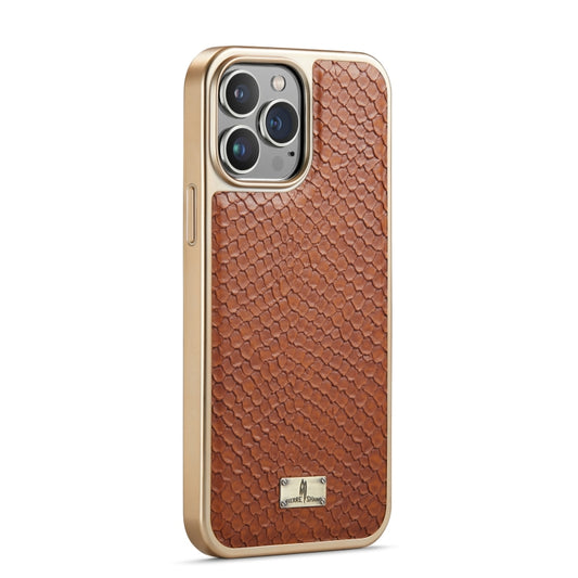 For iPhone 14 Plus Fierre Shann Snake Texture Electroplating PU Phone Case(Brown) - iPhone 14 Plus Cases by FIERRE SHANN | Online Shopping UK | buy2fix
