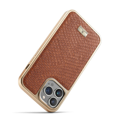 For iPhone 14 Plus Fierre Shann Snake Texture Electroplating PU Phone Case(Brown) - iPhone 14 Plus Cases by FIERRE SHANN | Online Shopping UK | buy2fix