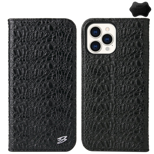 For iPhone 15 Pro Max Fierre Shann Crocodile Texture Magnetic Genuine Leather Phone Case(Black) by FIERRE SHANN