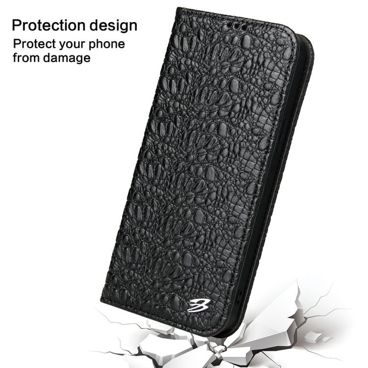 For iPhone 15 Pro Max Fierre Shann Crocodile Texture Magnetic Genuine Leather Phone Case(Black) by FIERRE SHANN