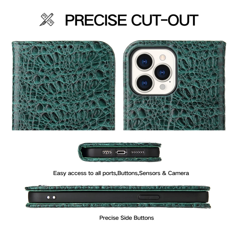 For iPhone 15 Pro Max Fierre Shann Crocodile Texture Magnetic Genuine Leather Phone Case(Green) by FIERRE SHANN