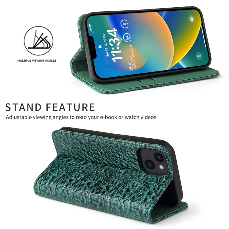 For iPhone 15 Fierre Shann Crocodile Texture Magnetic Genuine Leather Phone Case(Green) - iPhone 15 Cases by FIERRE SHANN | Online Shopping UK | buy2fix