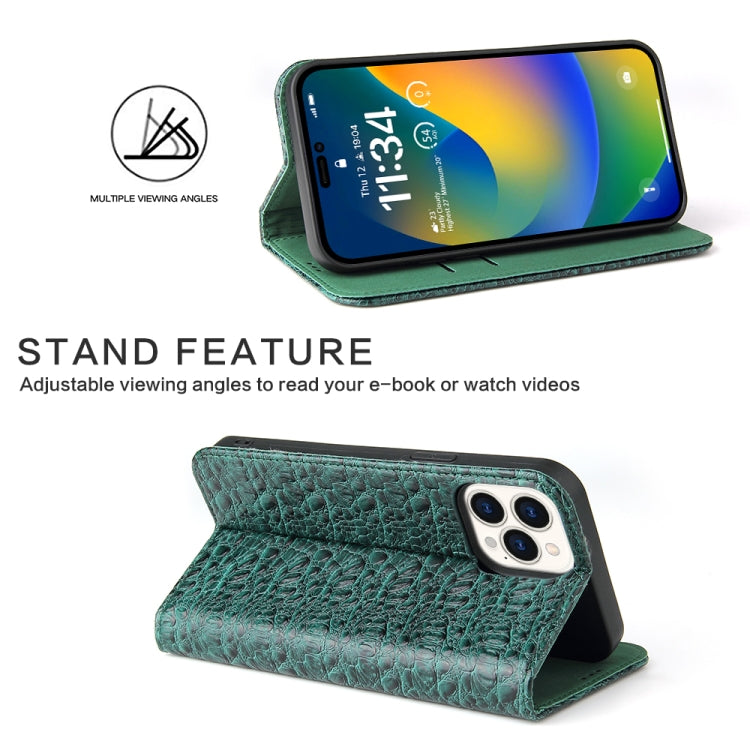 For iPhone 14 Pro Fierre Shann Crocodile Texture Magnetic Genuine Leather Phone Case(Green) - iPhone 14 Pro Cases by FIERRE SHANN | Online Shopping UK | buy2fix