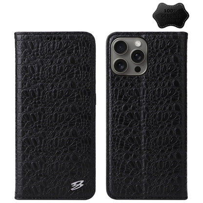 For iPhone 16 Pro Max Fierre Shann Crocodile Texture Magnetic Genuine Leather Phone Case(Black) by FIERRE SHANN