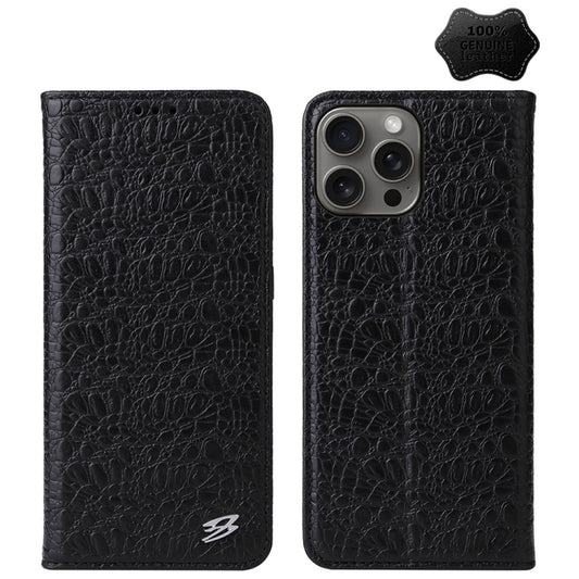 For iPhone 16 Pro Max Fierre Shann Crocodile Texture Magnetic Genuine Leather Phone Case(Black) by FIERRE SHANN