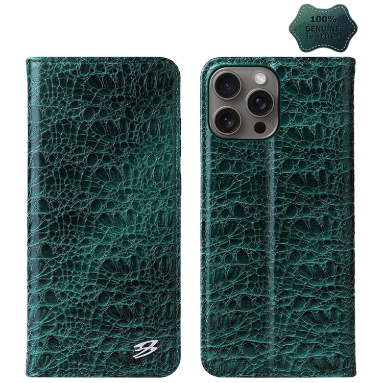 For iPhone 16 Pro Max Fierre Shann Crocodile Texture Magnetic Genuine Leather Phone Case(Green) by FIERRE SHANN