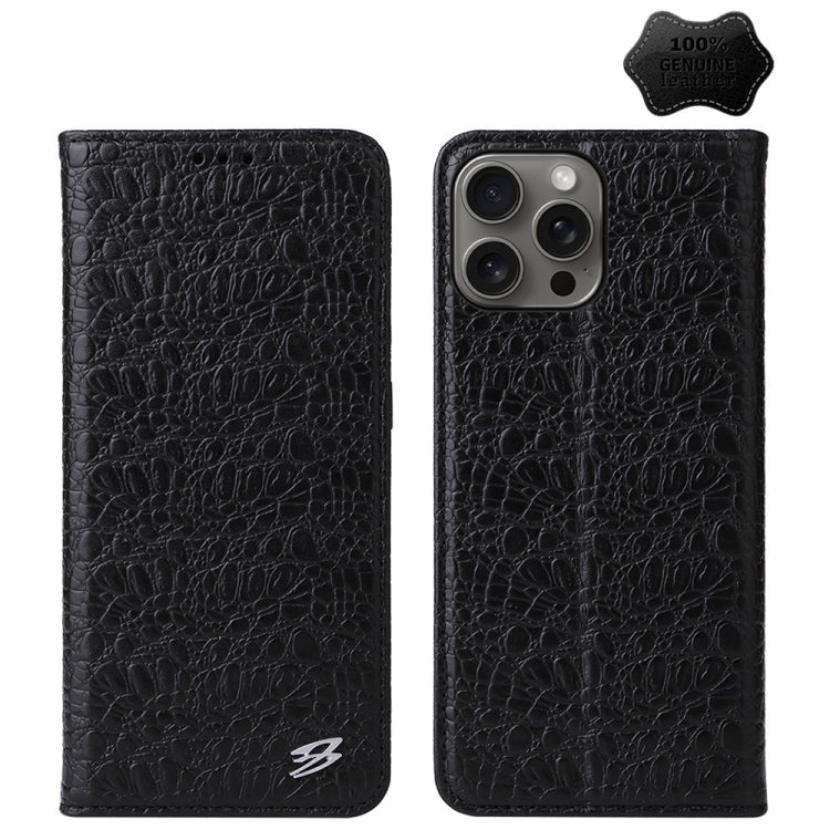 For iPhone 16 Pro Fierre Shann Crocodile Texture Magnetic Genuine Leather Phone Case(Black) by FIERRE SHANN
