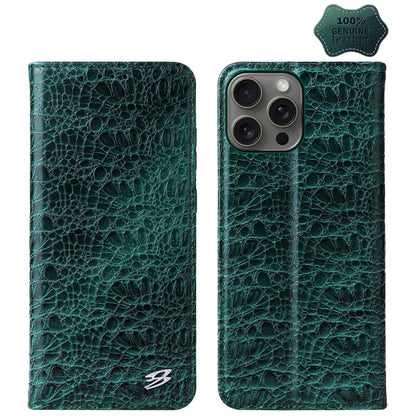 For iPhone 16 Pro Fierre Shann Crocodile Texture Magnetic Genuine Leather Phone Case(Green) by FIERRE SHANN