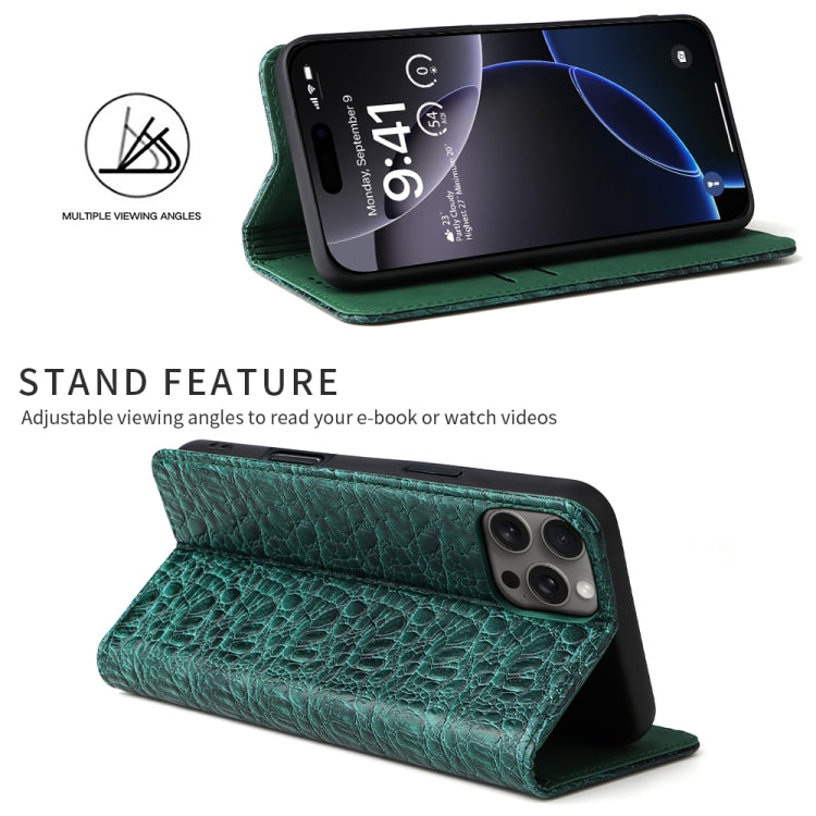 For iPhone 16 Pro Fierre Shann Crocodile Texture Magnetic Genuine Leather Phone Case(Green) by FIERRE SHANN