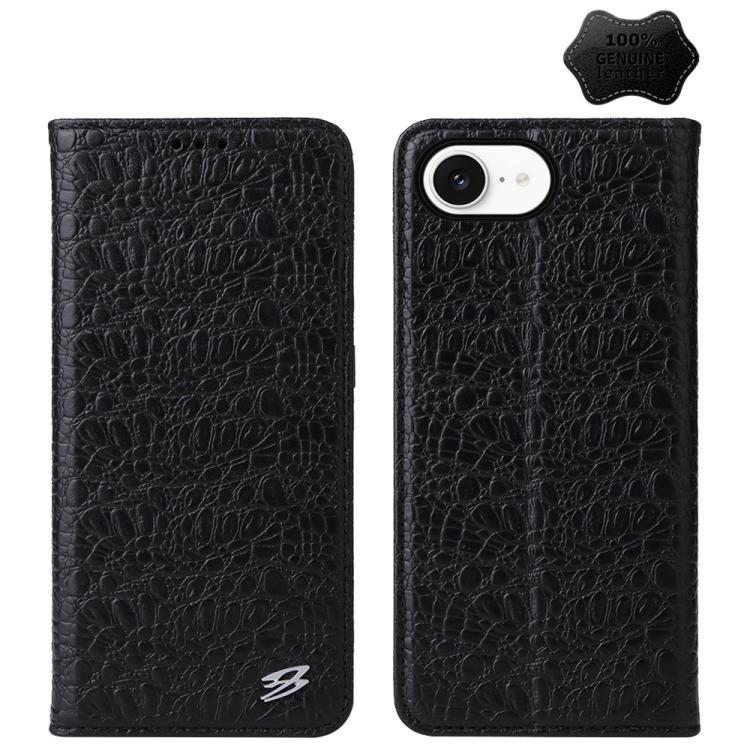 For iPhone 16e Fierre Shann Crocodile Texture Magnetic Genuine Leather Phone Case(Black) - iPhone 16e Cases by FIERRE SHANN | Online Shopping UK | buy2fix