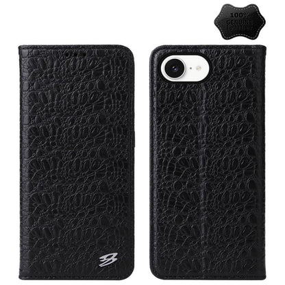 For iPhone 16e Fierre Shann Crocodile Texture Magnetic Genuine Leather Phone Case(Black) - iPhone 16e Cases by FIERRE SHANN | Online Shopping UK | buy2fix