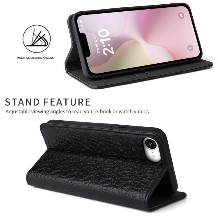 For iPhone 16e Fierre Shann Crocodile Texture Magnetic Genuine Leather Phone Case(Black) - iPhone 16e Cases by FIERRE SHANN | Online Shopping UK | buy2fix