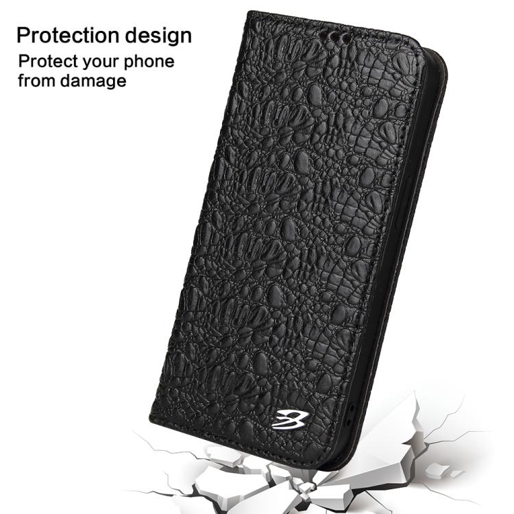 For iPhone 16e Fierre Shann Crocodile Texture Magnetic Genuine Leather Phone Case(Black) - iPhone 16e Cases by FIERRE SHANN | Online Shopping UK | buy2fix