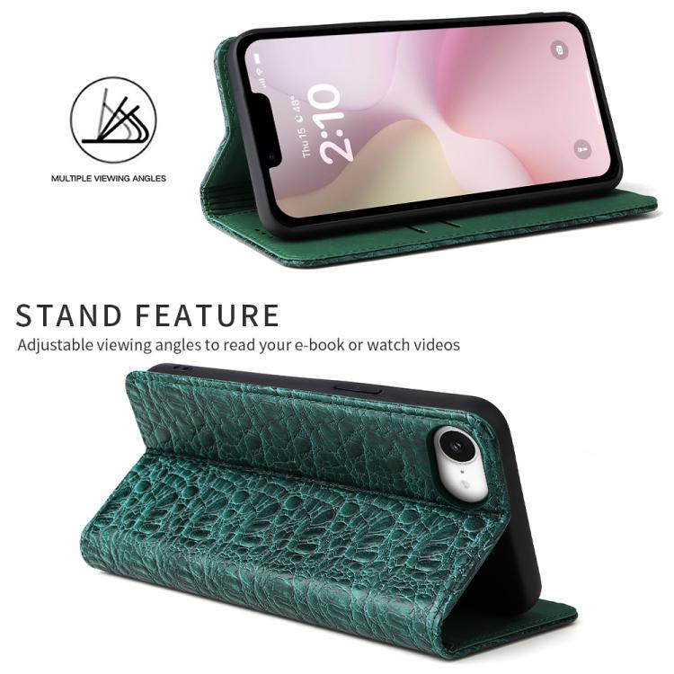 For iPhone 16e Fierre Shann Crocodile Texture Magnetic Genuine Leather Phone Case(Green) - iPhone 16e Cases by FIERRE SHANN | Online Shopping UK | buy2fix
