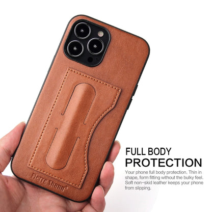 For iPhone 15 Pro Max Fierre Shann Holder Back Cover PU Phone Case(Brown) by FIERRE SHANN
