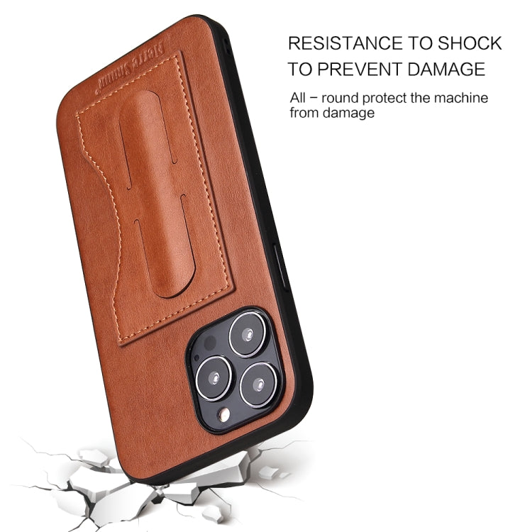 For iPhone 15 Pro Max Fierre Shann Holder Back Cover PU Phone Case(Brown) by FIERRE SHANN
