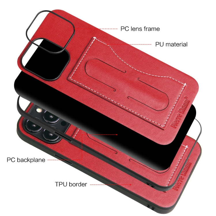 For iPhone 15 Pro Fierre Shann Holder Back Cover PU Phone Case(Red) - iPhone 15 Pro Cases by FIERRE SHANN | Online Shopping UK | buy2fix